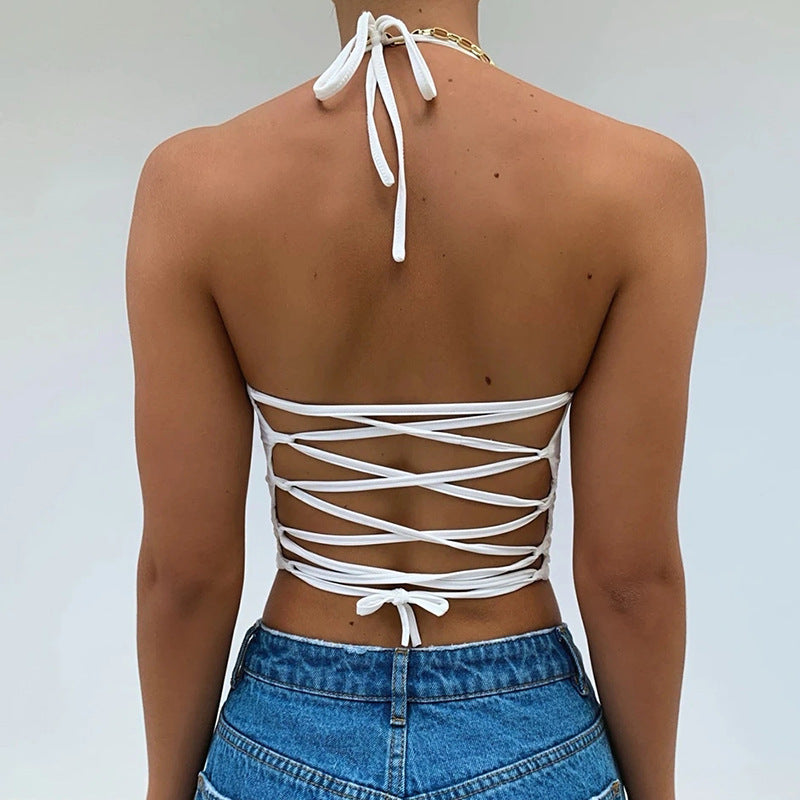 Dame Crop-Top med dyp V-hals og smale stropper Skjora