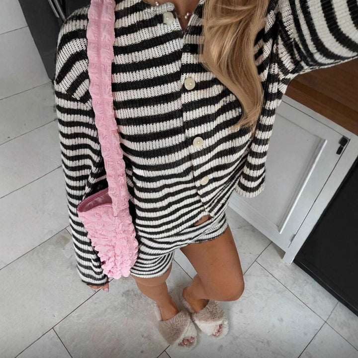 Damer casual topp og shorts sett med stripe mønster Skjora