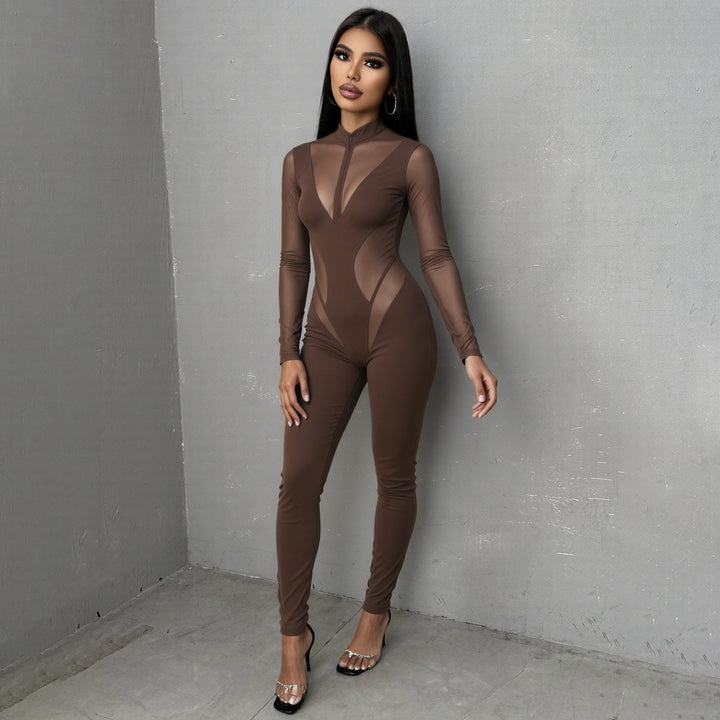 Dame Elegant Catsuit med gjennomsiktige innsatser og høy krage Skjora