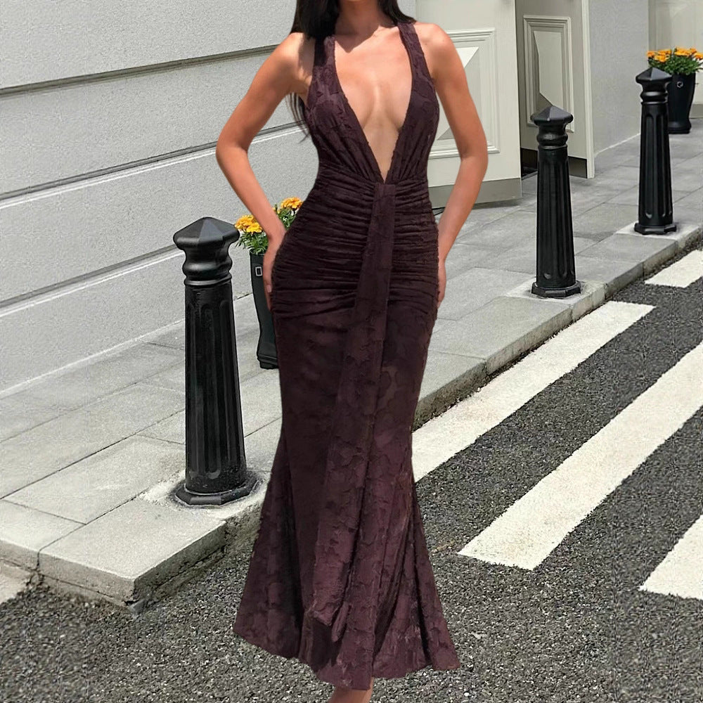 Damer Elegant Maxi Kjole med Dyp V-Hals og Volangdesign