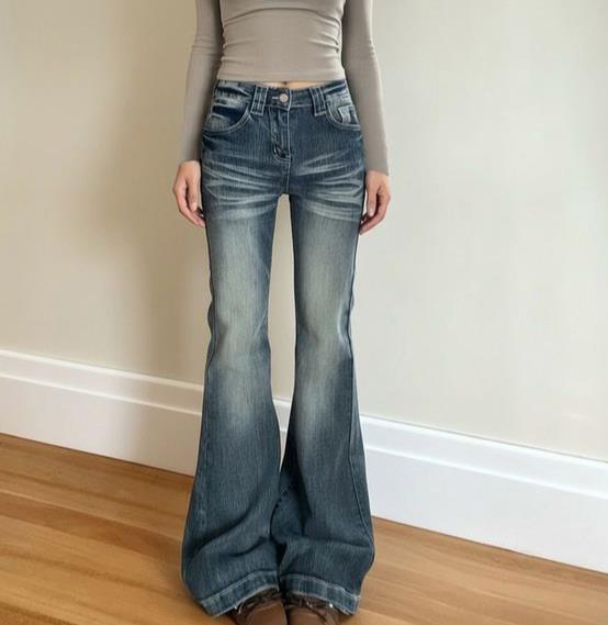 Dame klassiske Flared Jeans med høy midje og frynset hem Skjora