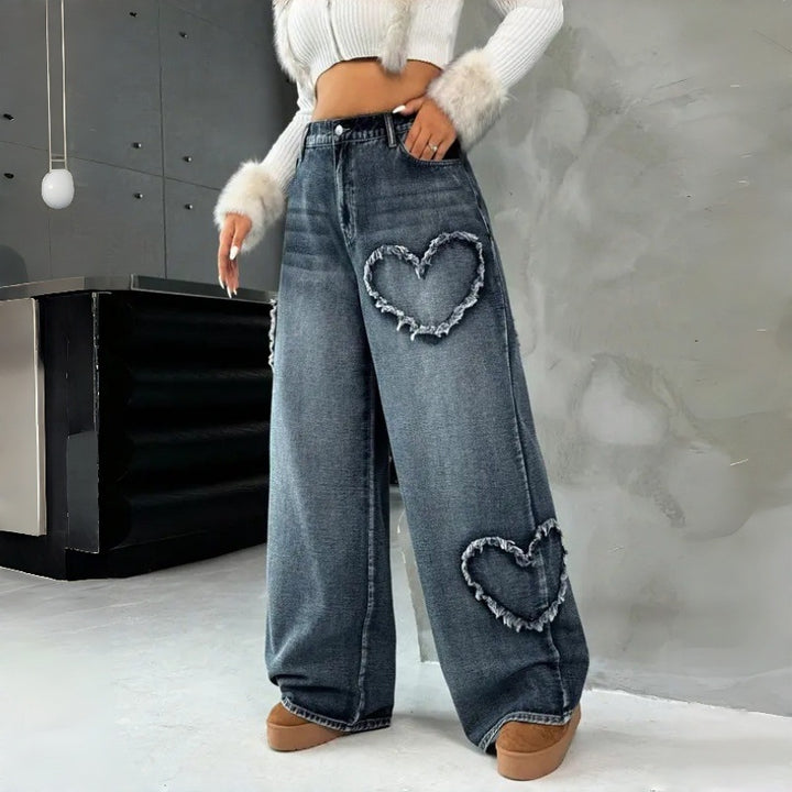 Dame Loose Jeans med hjertebroderi og avslappet snitt Skjora