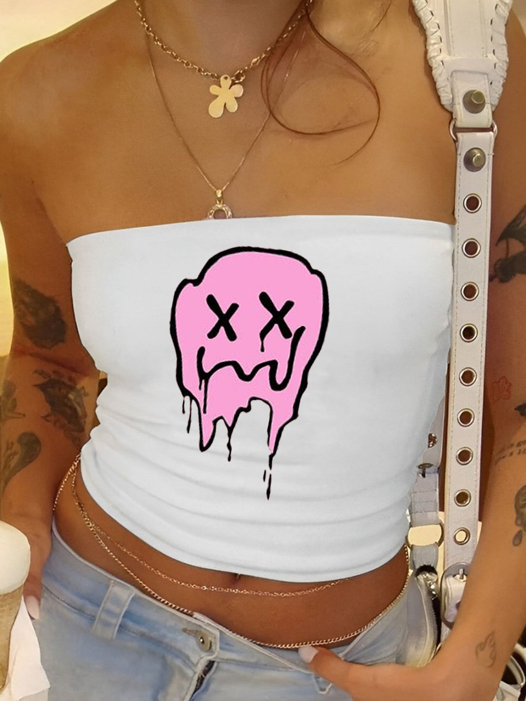 Dame bandeau topp med fruktmotiv og figursydd snitt Skjora