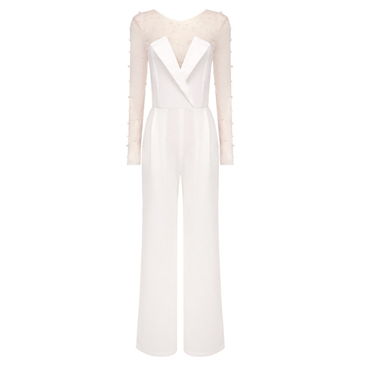 Damer elegant jumpsuit med transparente ermer og perlepynt Skjora
