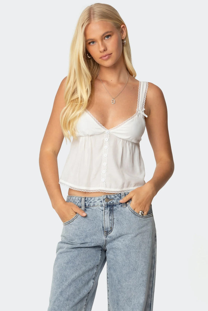 Damen Crop-Top aus feiner Baumwolle mit dekorativen Knopfdetails Skjora