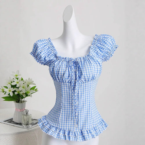 Dame ruffled topp i rutete design med knappdetaljer og elastisk fald Skjora