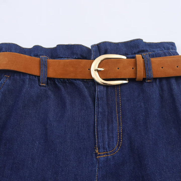 Dame Denim-shorts med høykvalitets lærbelte og elastisk midje Skjora
