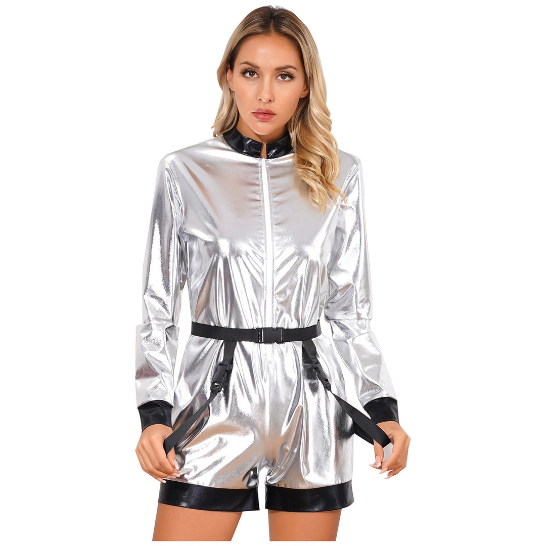 Damer Futuristisk Glans-Jumpsuit med glidelås og avtakbart belte Skjora