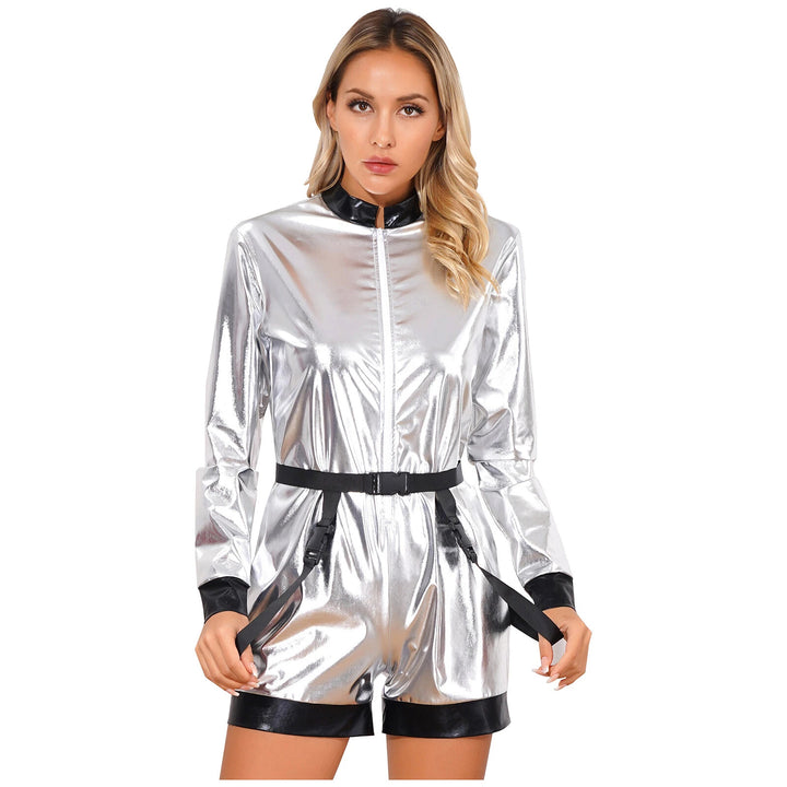 Damer Futuristisk Glans-Jumpsuit med glidelås og avtakbart belte Skjora