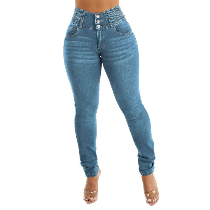 Damer High-Waisted Jeans med elastisk midjebånd og knappdetaljer Skjora