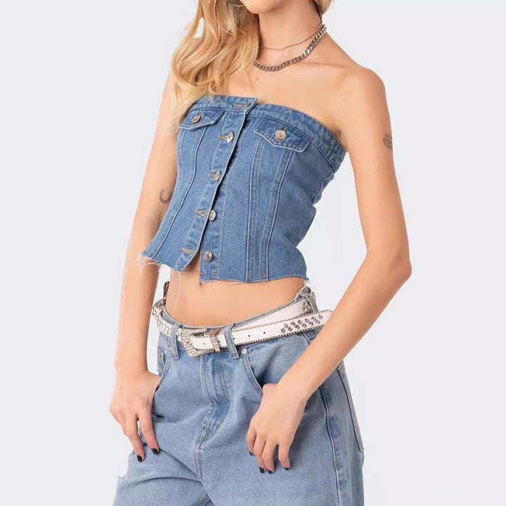 Dame Denim Crop Top med strikket overtrukket Skjora