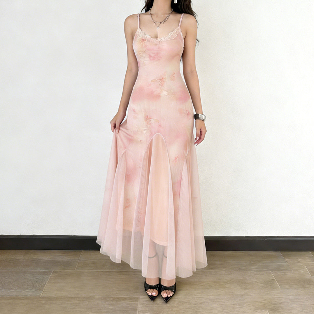 Dame elegant maxikjole i transparent spandex og blomsterdesign Skjora