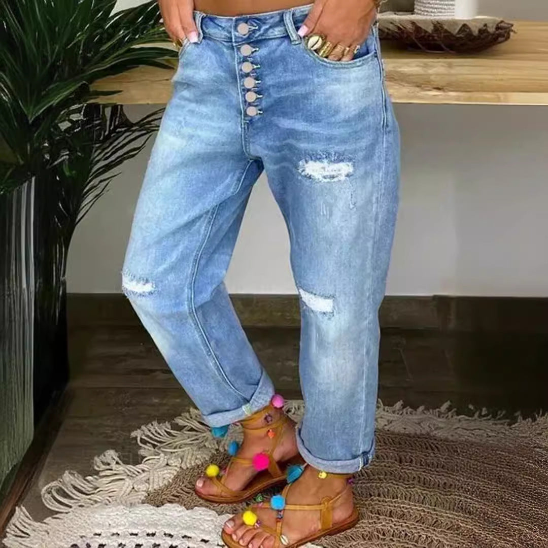 Kvinne Mom Jeans med knappelukking og stilige slitte detaljer