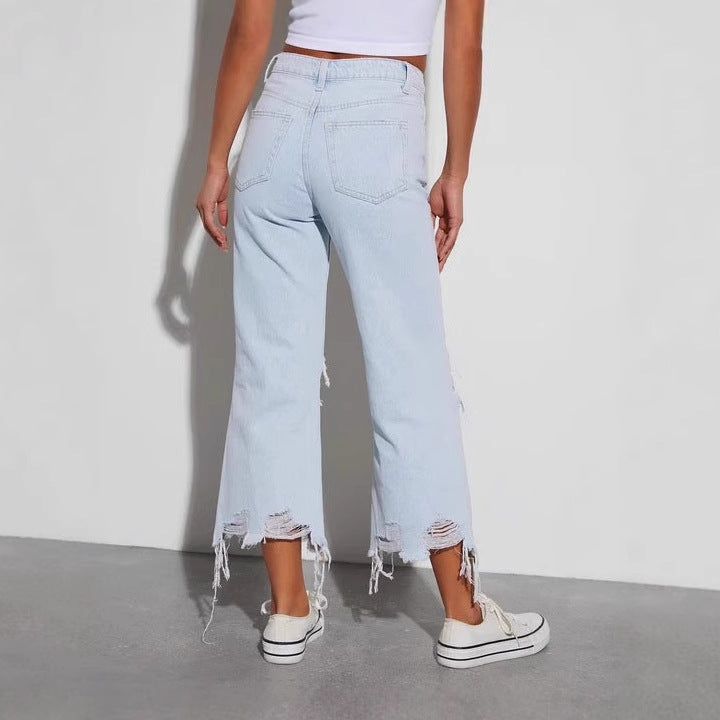 Dame casual boyfriend jeans med iøynefallende ødelagte detaljer og bred ben Skjora