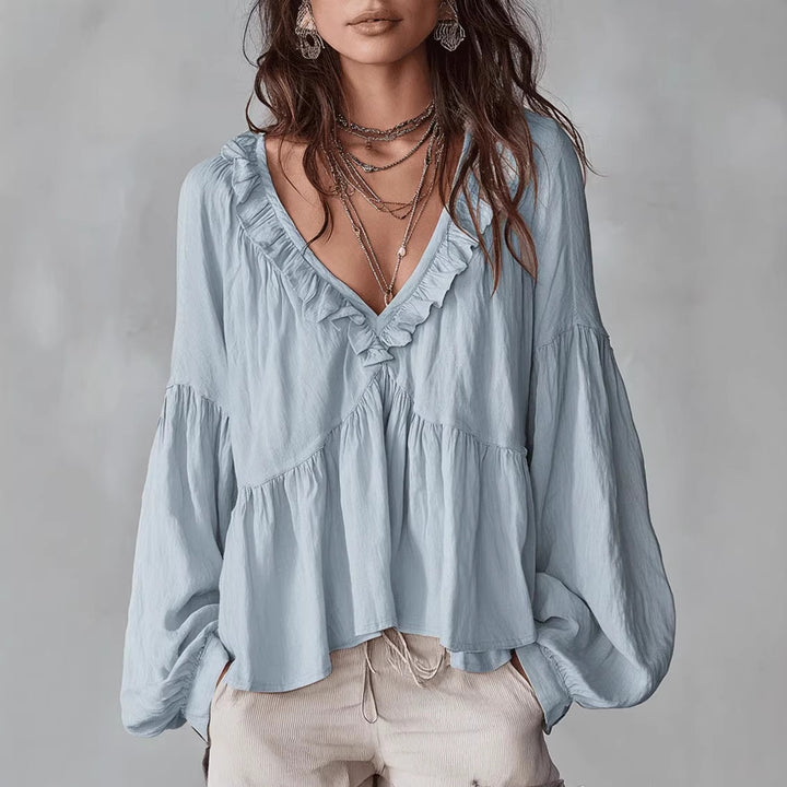 Women's Flowy Top with Ruched Detail and V-Neck Skirt