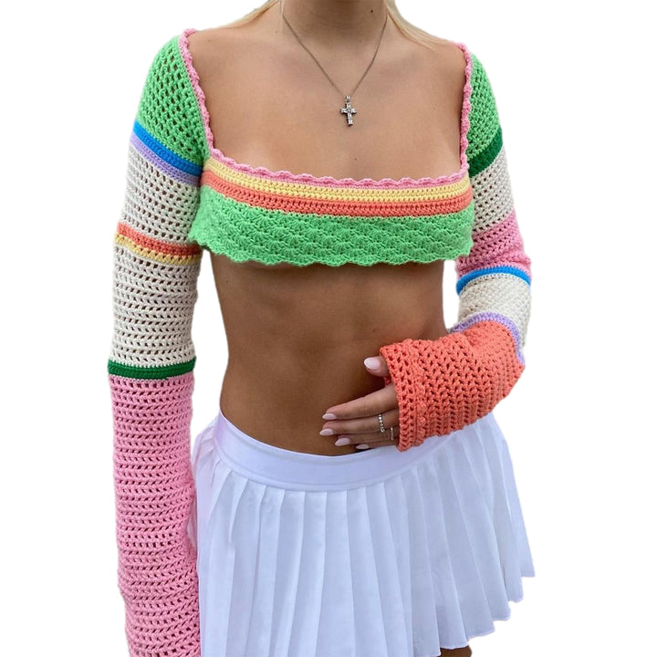 Damer heklede crop-top med lange ermer og fargerike striper Skjora
