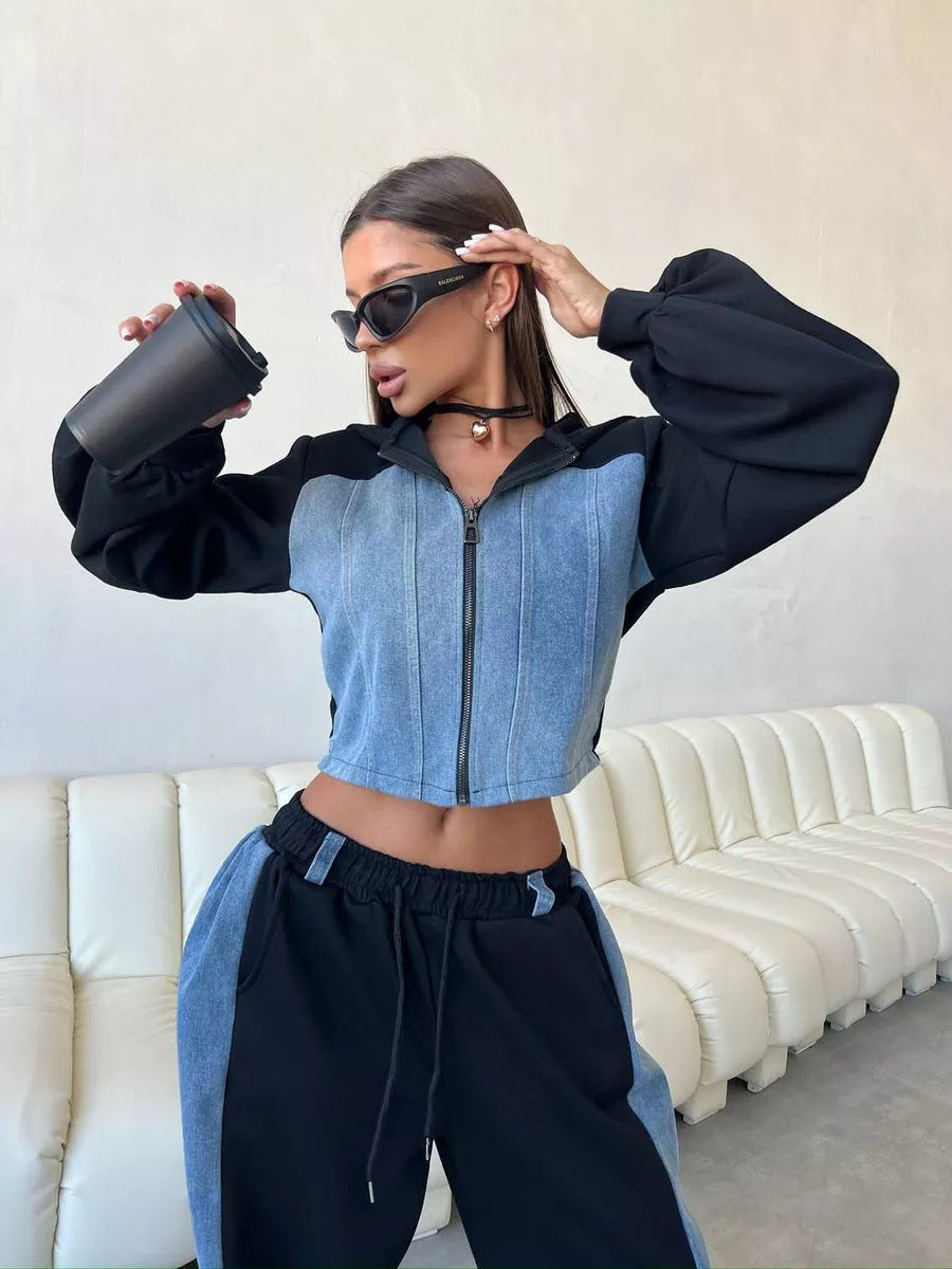 Kvinnens cropped sweatshirt jakke med ballongformede ermer og joggebukse sett Skjora