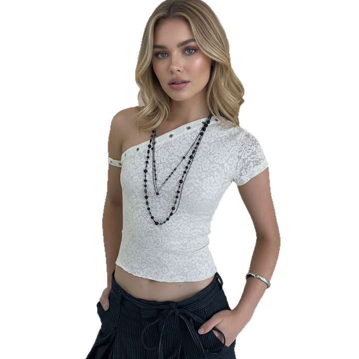 Damer elegant topp laget av delikat spiss med kort erme og spennende design Skjora
