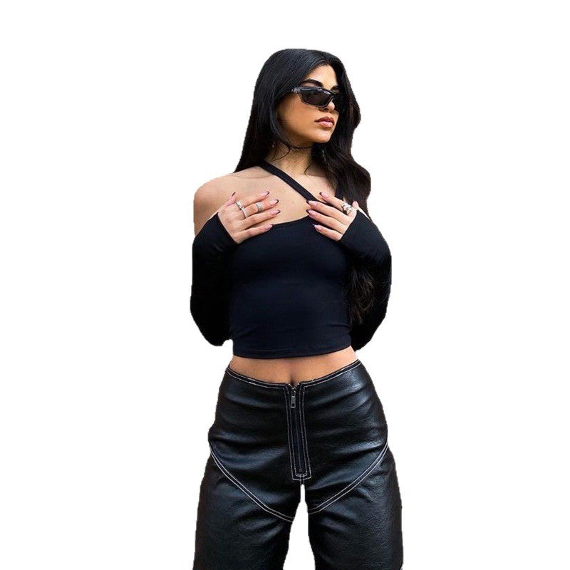 Dame Asymmetrisk Crop-Top med lange ermer Skjora