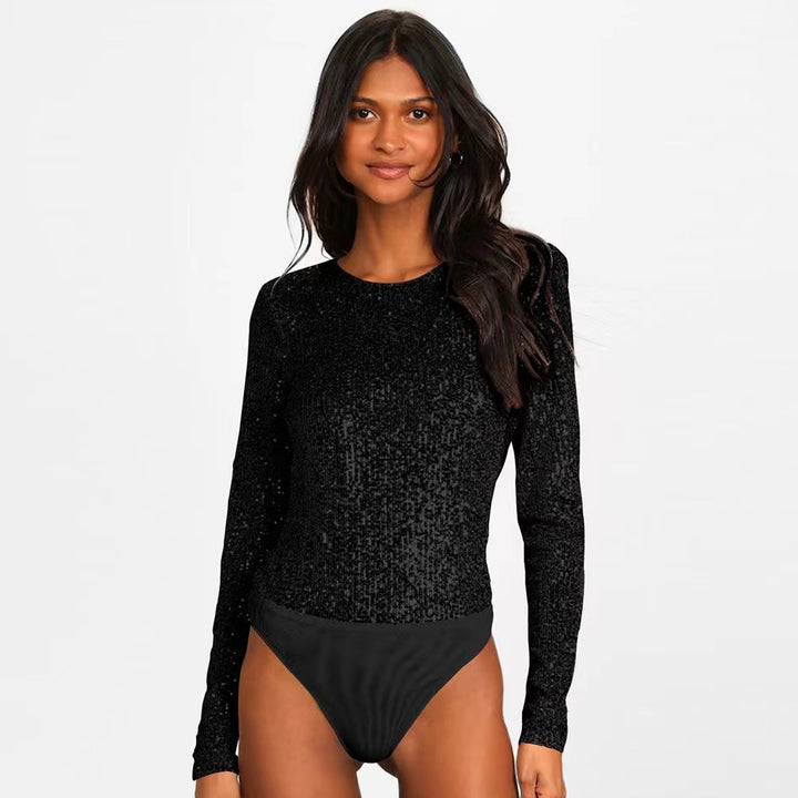 Damer Glitrende Bodysuit med Lange Ermer og Skinnende Topp Materiale Skjora