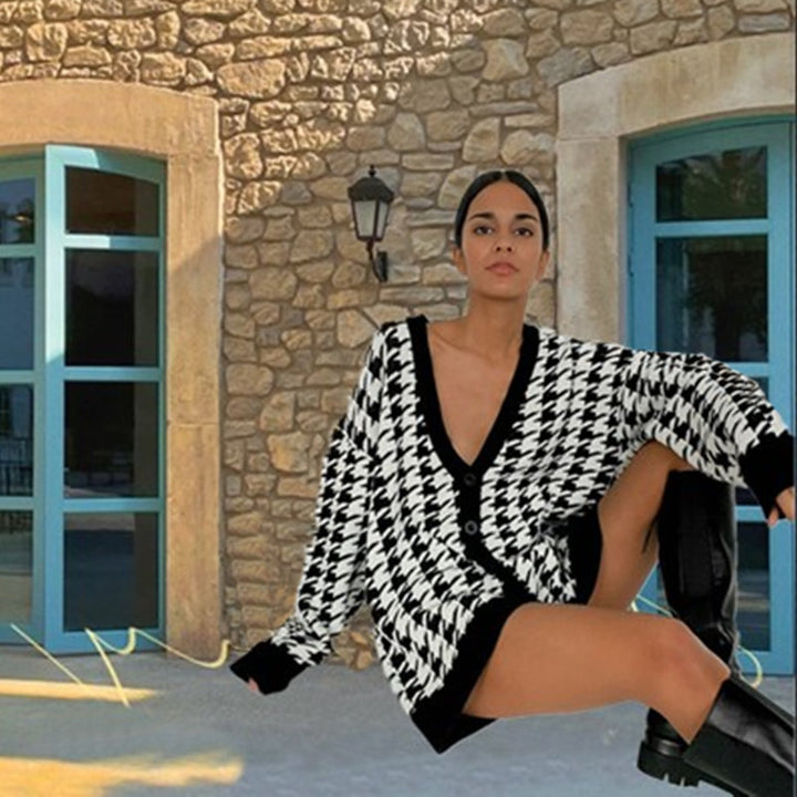Dame Fashion Cardigan i Houndstooth mønster Skjora