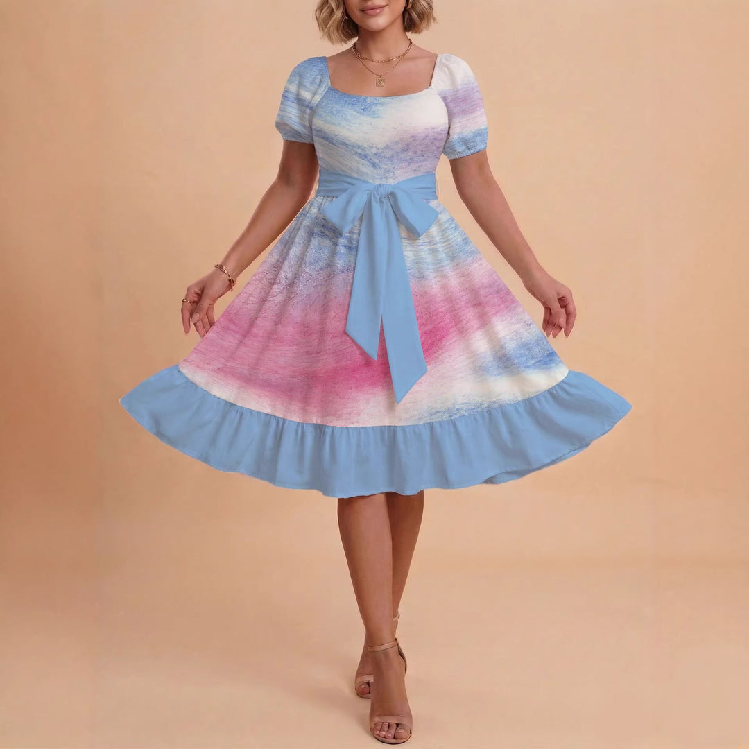 Damen Retro Maxikleid mit Puffärmeln und Taillengürtel Skjora