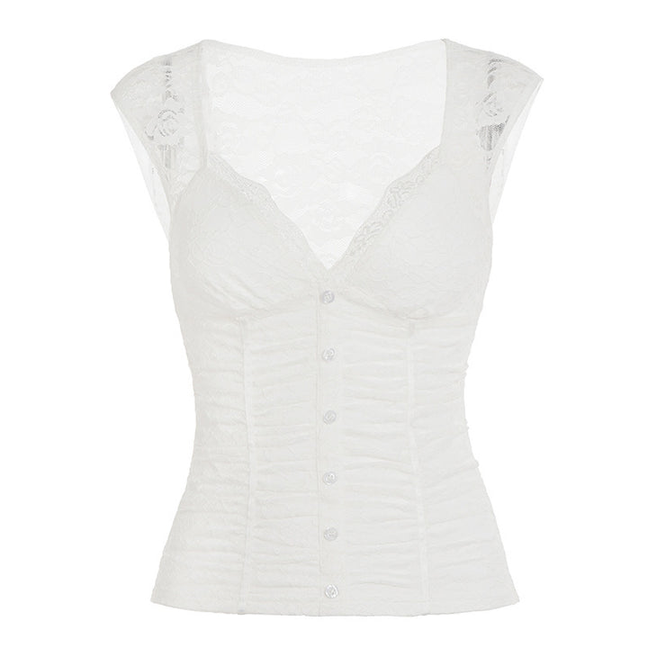 Dame Spiss-Crop-Top med elegant V-hals og volangdetaljer Skjora
