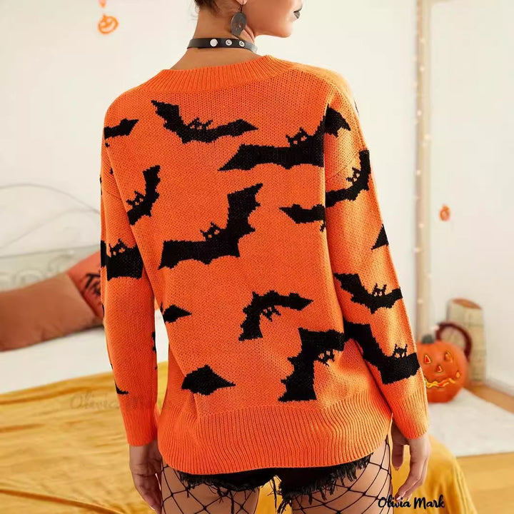 Dame Halloween genser med morsomt flaggermusmønster Skjora