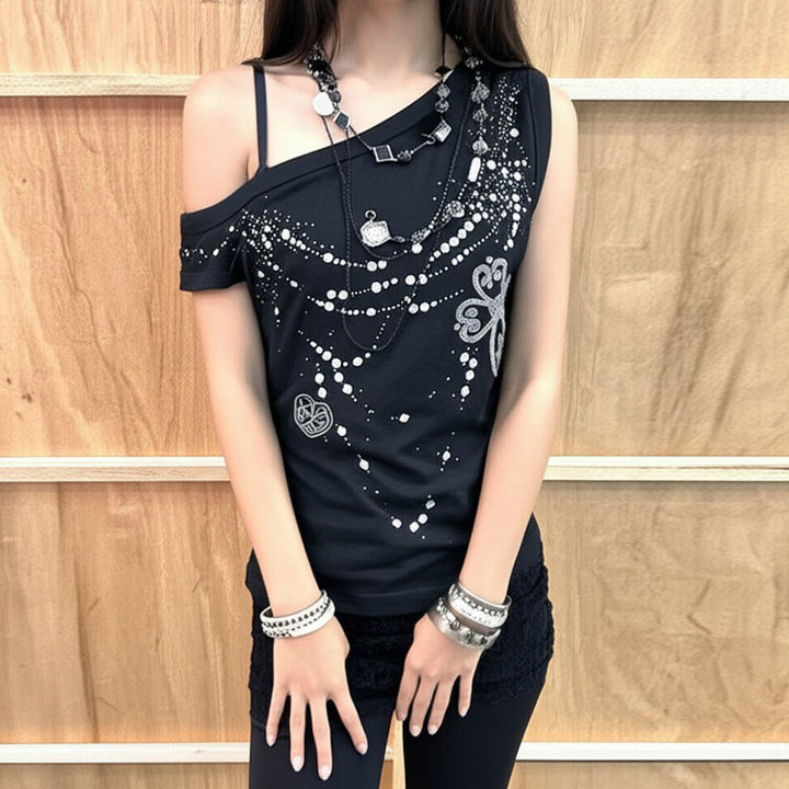 Dame asymmetrisk tanktop med stilig trykk og dekorative applikasjoner Skjora