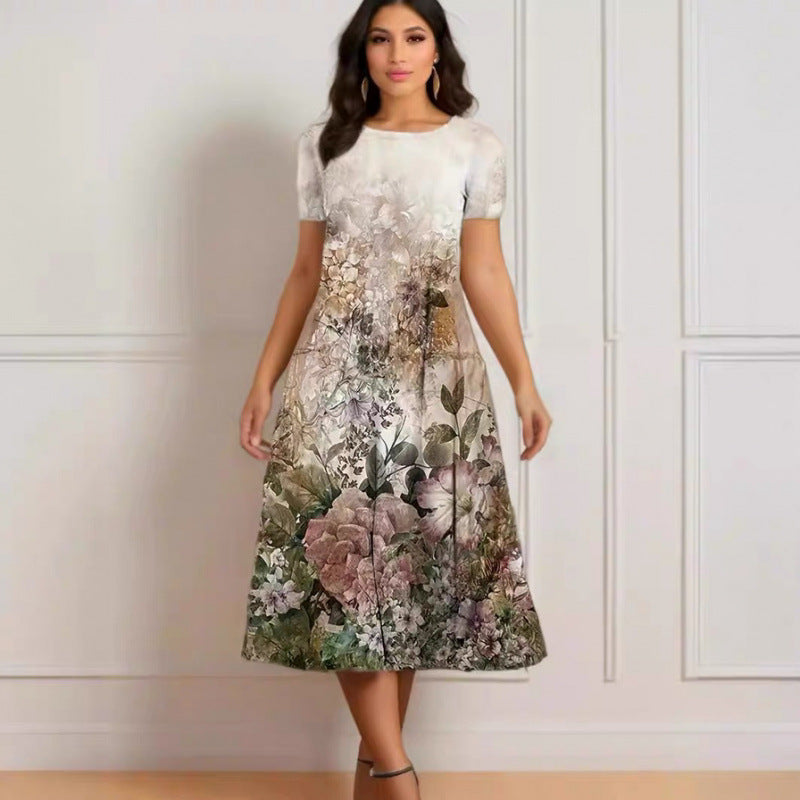 Dame Elegant Maxikjole med blomstermønster og delikat rund hals Skjora