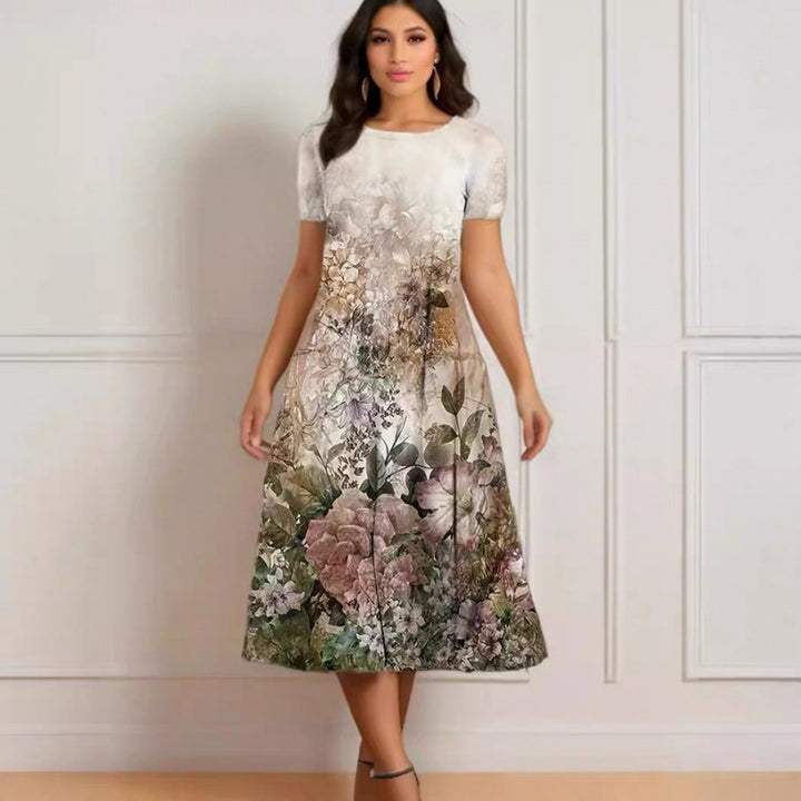 Dame Elegant Maxikjole med blomstermønster og delikat rund hals Skjora