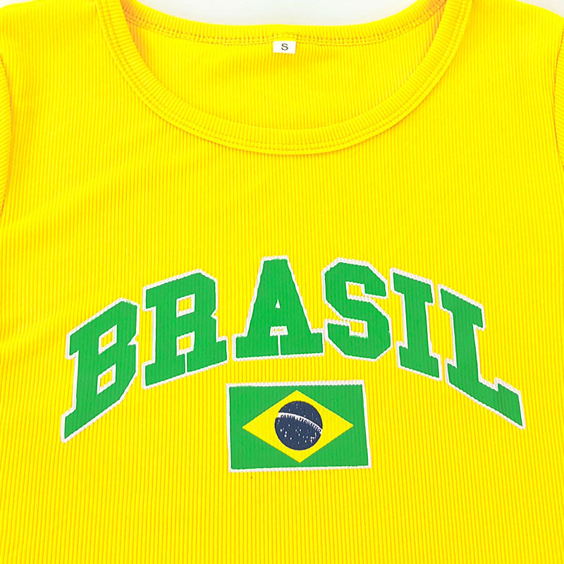 Dame avslappet croppet T-skjorte med brasiliansk print Skjora