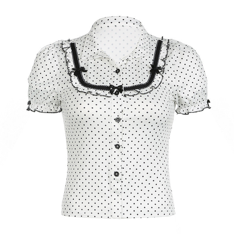 Dame Vintage Prikkete Bluse med Puffermerker Skjora