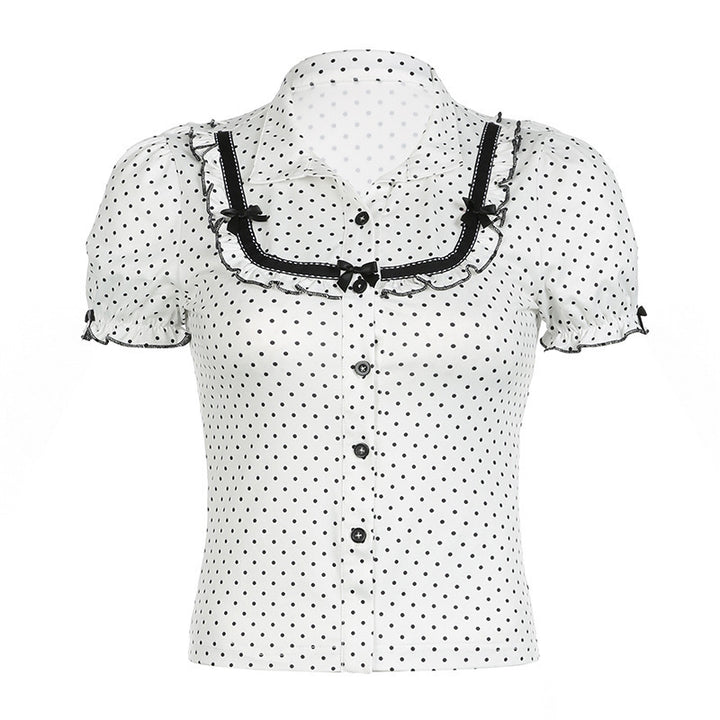 Dame Vintage Prikkete Bluse med Puffermerker Skjora