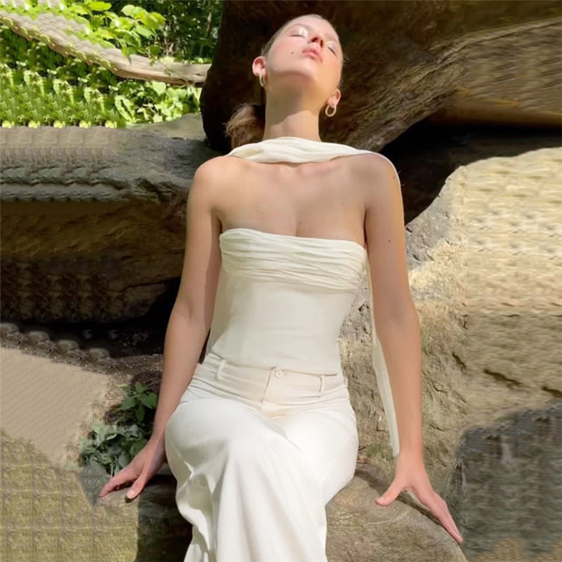 Dame Bandeau-top med elegant chiffonoverdel Skjora