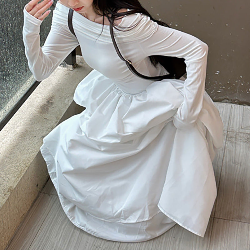 Kvinne elegant av-shoulder maxi kjole med moderne stropp detaljer Skjora