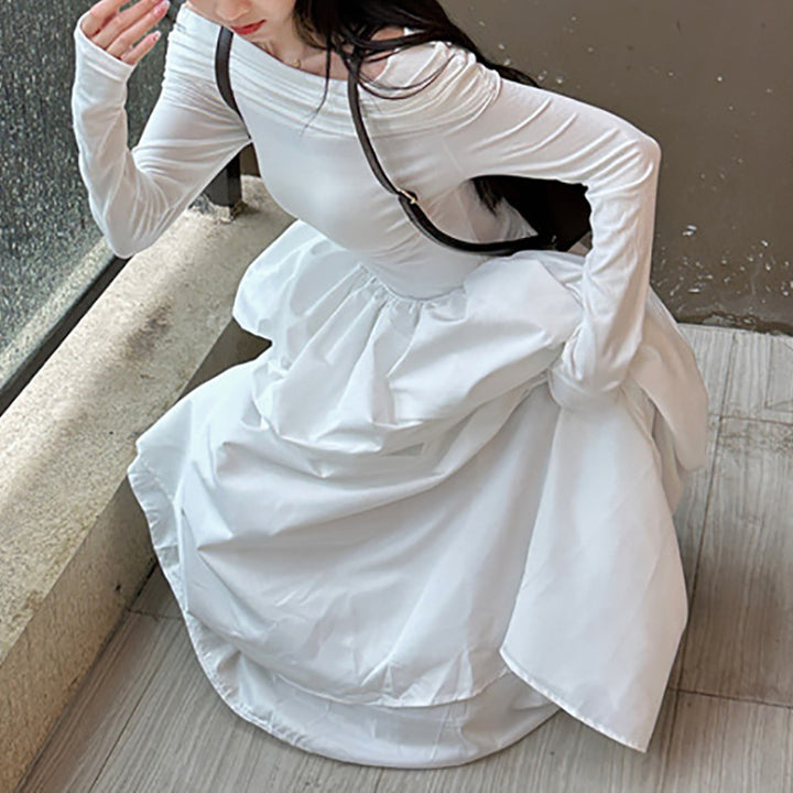 Kvinne elegant av-shoulder maxi kjole med moderne stropp detaljer Skjora