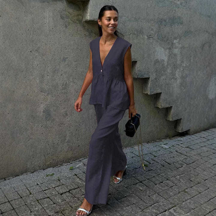 Dame luftig Jumpsuit med V-hals og flytende snitt Skjora