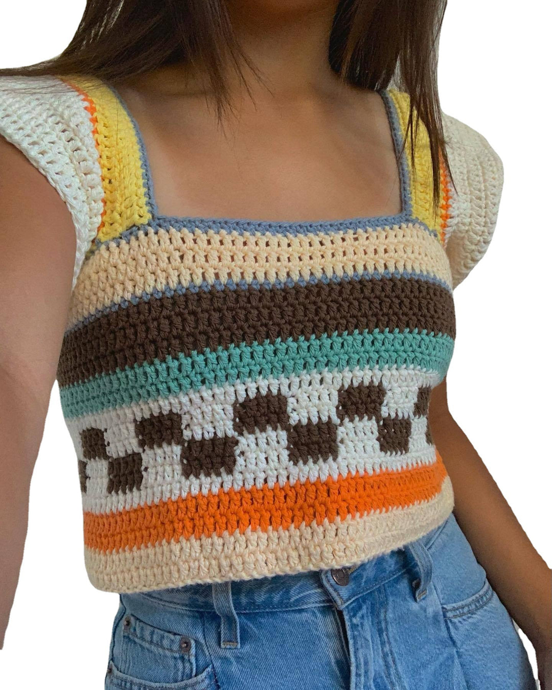 Damer heklet Crop-Top med fargerik stripemønster og firkantet utringning Skjora