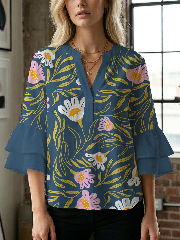 Damer Elegant topp med voluminøse rynkete ermer og blomstertrykk Skjora
