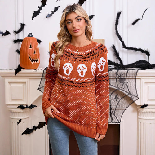 Kvinne Mønstret Strikkegenser med Halloween Motiv Skjora