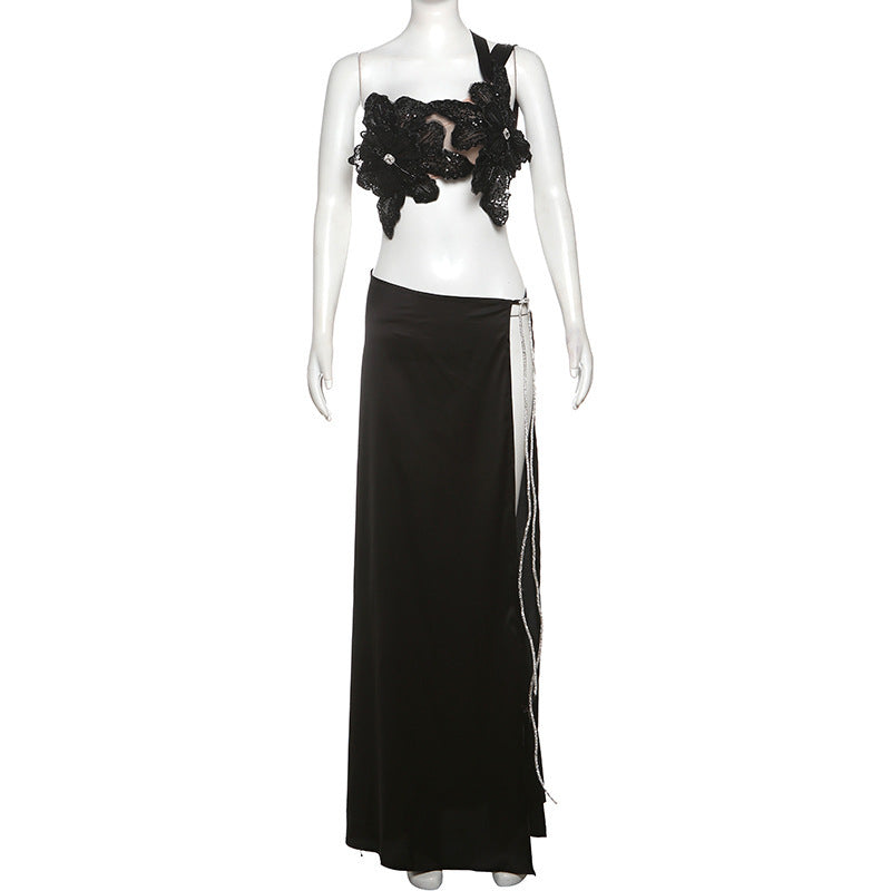 Damen Elegantes Abendkleid mit floralen Applikationen und schwingendem Tüllrock Skjora