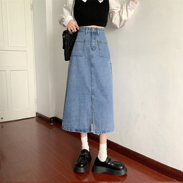 Kvinne Lang Denim Skjørt med Praktiske Lommer Skjora