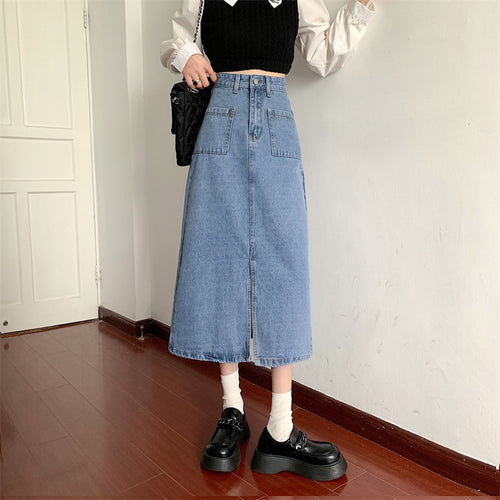 Kvinne Lang Denim Skjørt med Praktiske Lommer Skjora