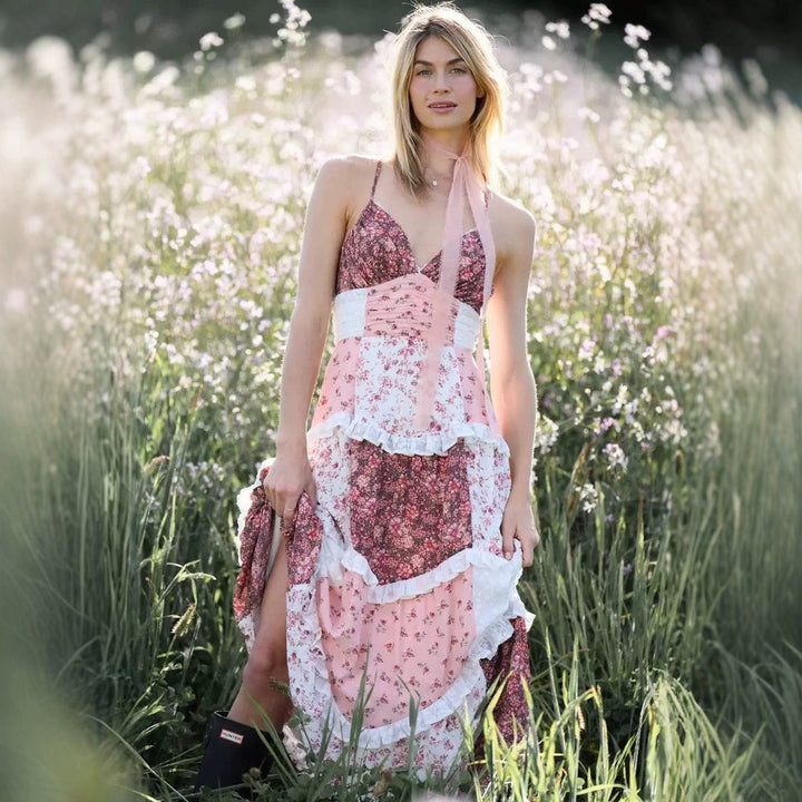 Kvinnenes Strømmende Maxi Kjole med Blomster Volanger og Delikat Urt