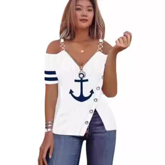 Dame Off-Shoulder topp med maritimt motiv og dekorative knapper Skjora