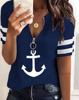 Dame Sporty T-skjorte med glidelås og maritime motiver Skjora