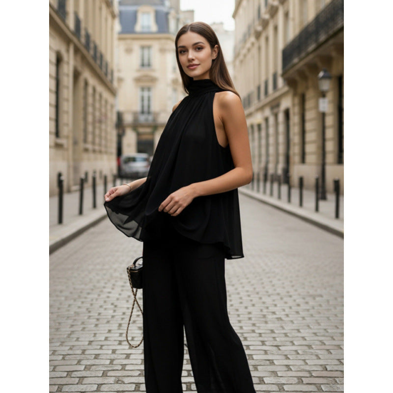 Damer Elegant chiffon topp med dyp vannfallutskjæring og flytende stoff Skjora