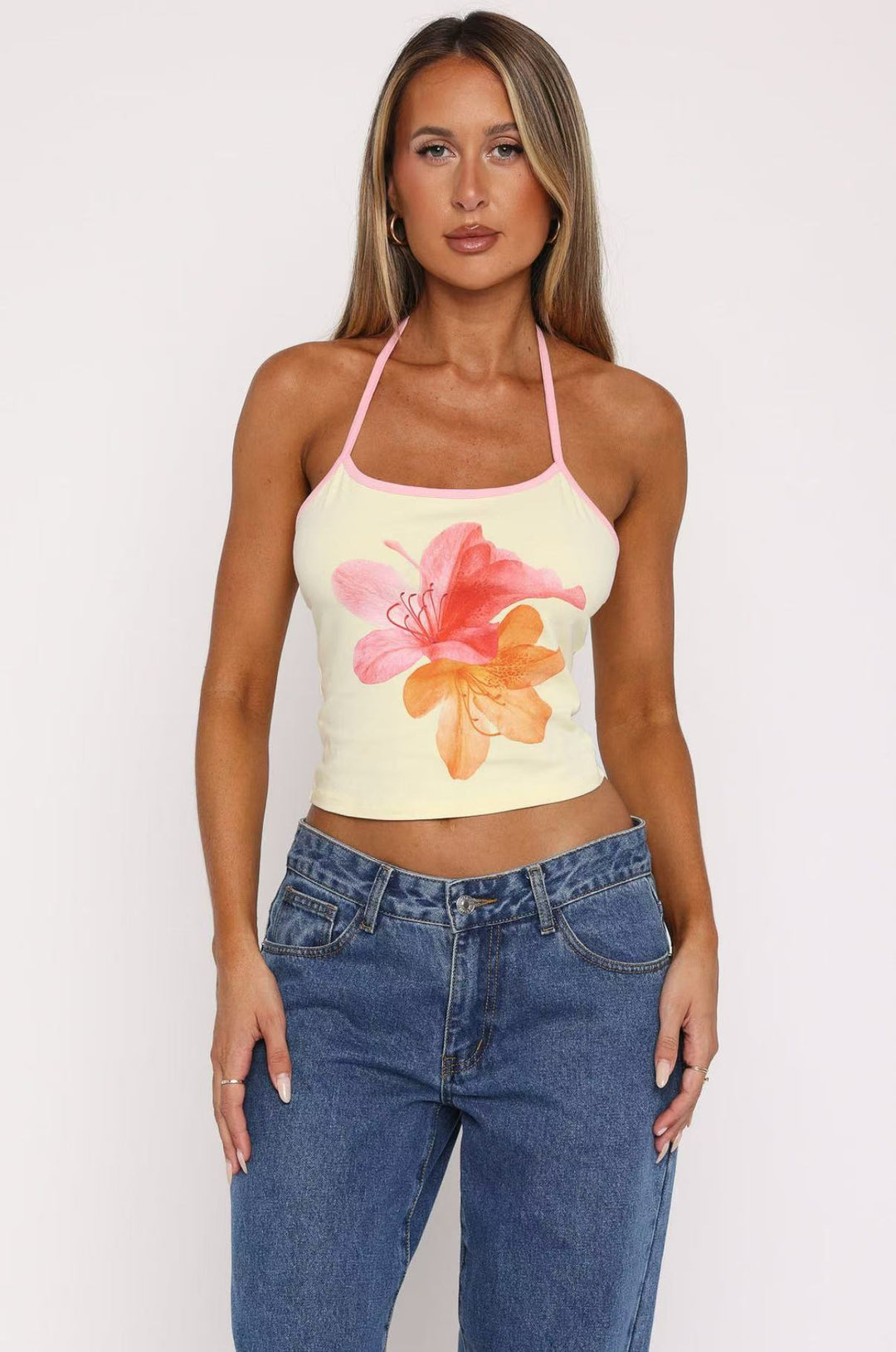 Dame Crop-Top med blomstertrykk og justerbare stropper Skjora