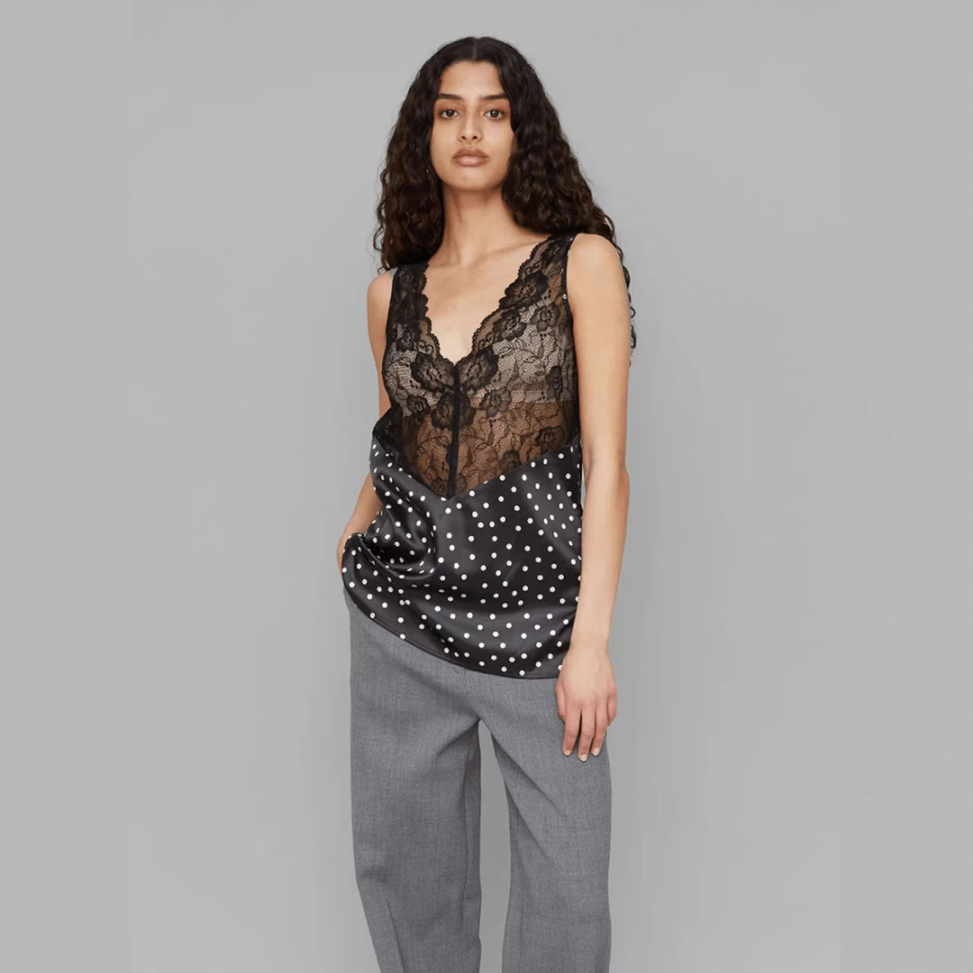 Dame Spaghetti Top med Polka Dots og elegante detaljer Skjora